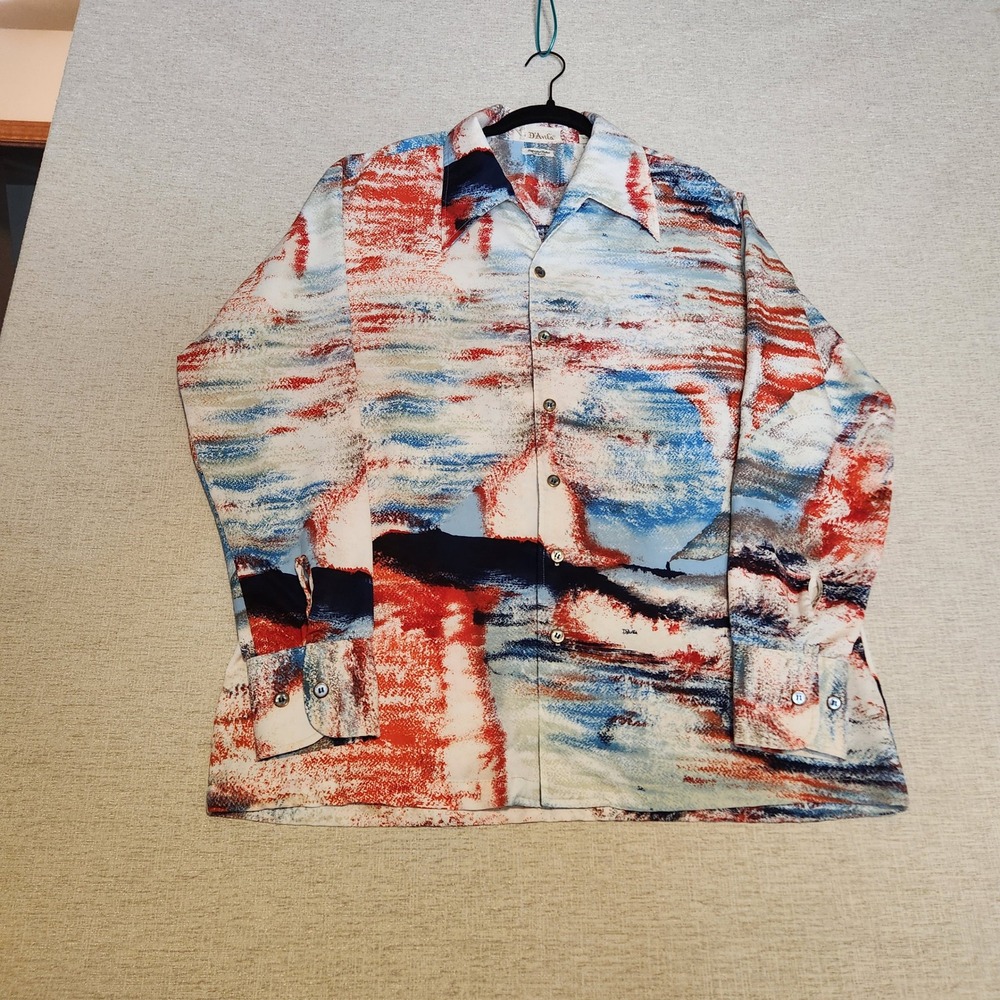 D'Avila Button Down Shirt Mens XL Multi Color Abstract Landscape Vintage 70s